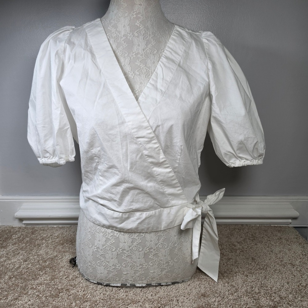 Banana Republic Wrap Top White Puff Sleeve Cotton Blend Smocked Back Size M